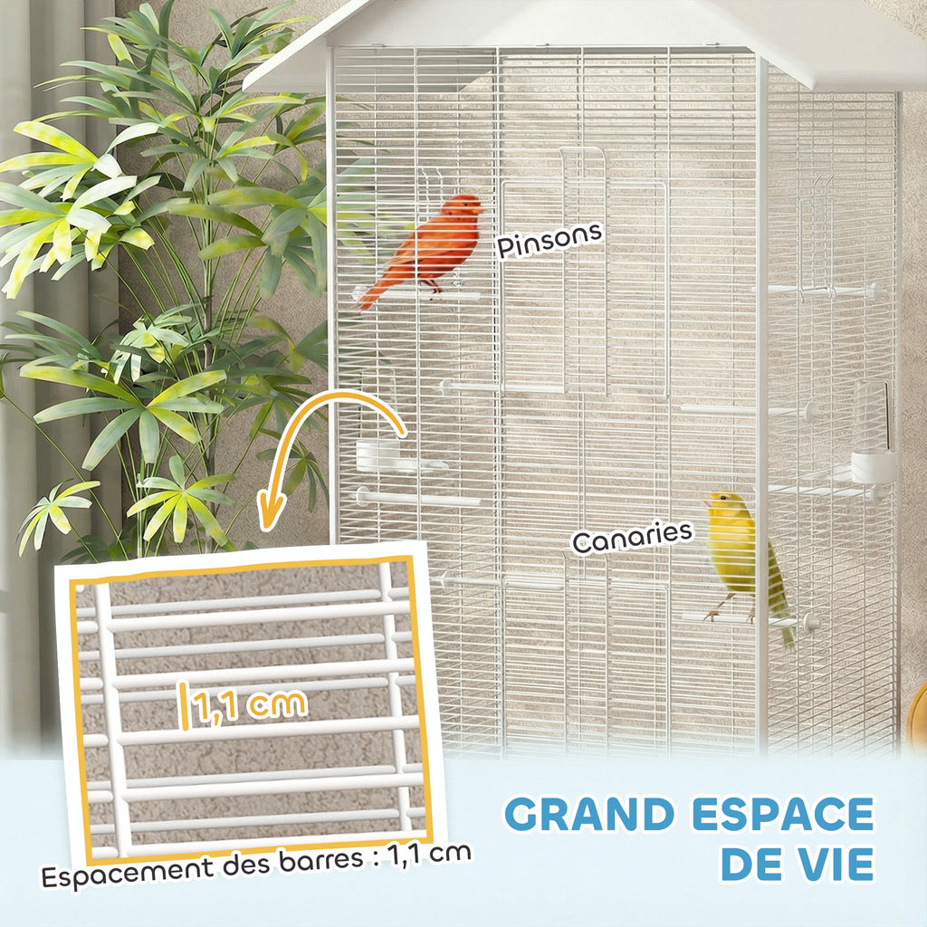 Cage oiseau sur pied volière oiseaux intérieure sur roulettes 2 mangeoires 8 perchoirs 79 x 65 x 155 cm fil d'acier blanc-3