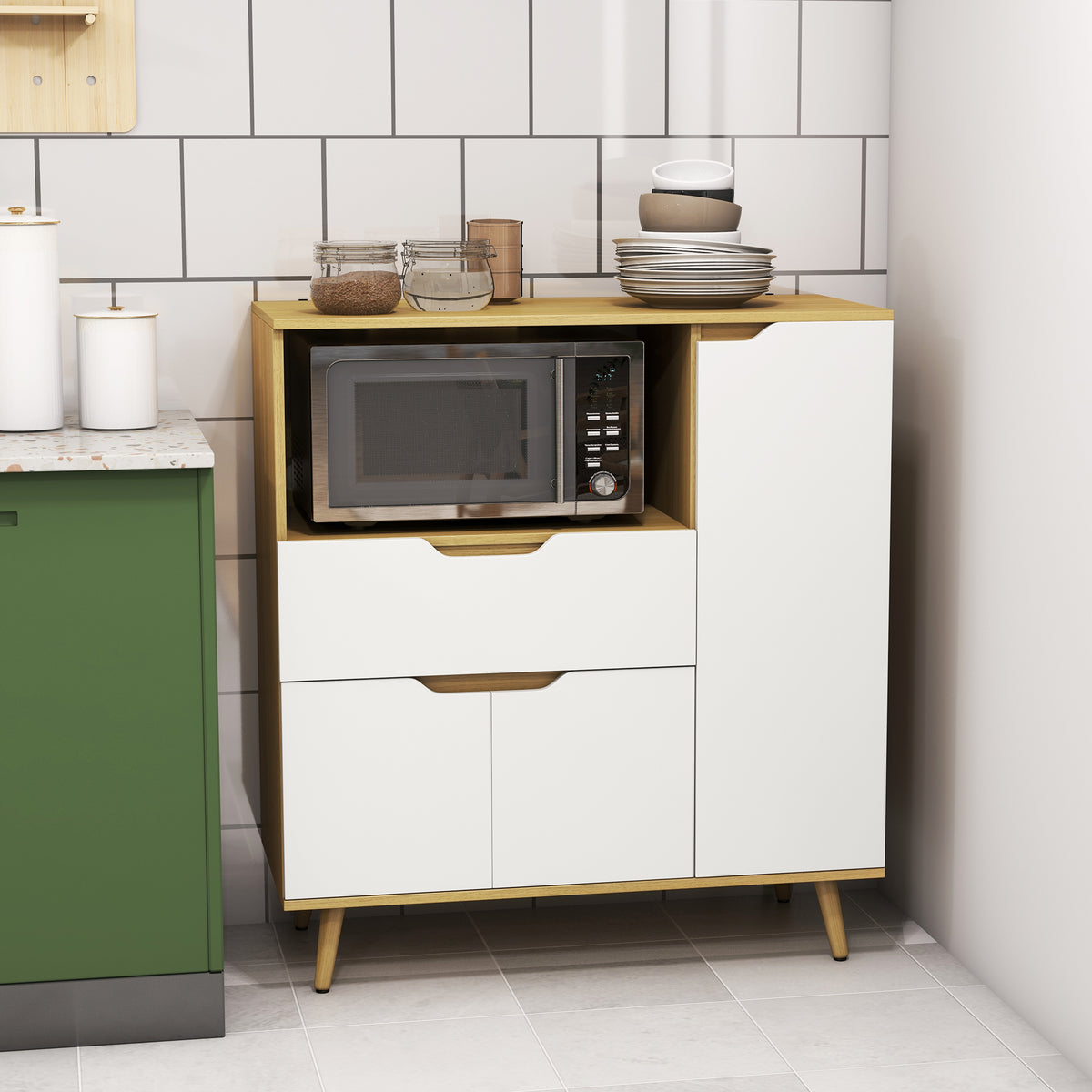 Meuble de rangement cuisine pour micro-ondes, 1 tiroir, 2 placards une étagère, 90 x 40 x 98,5 cm, bois et blanc-1