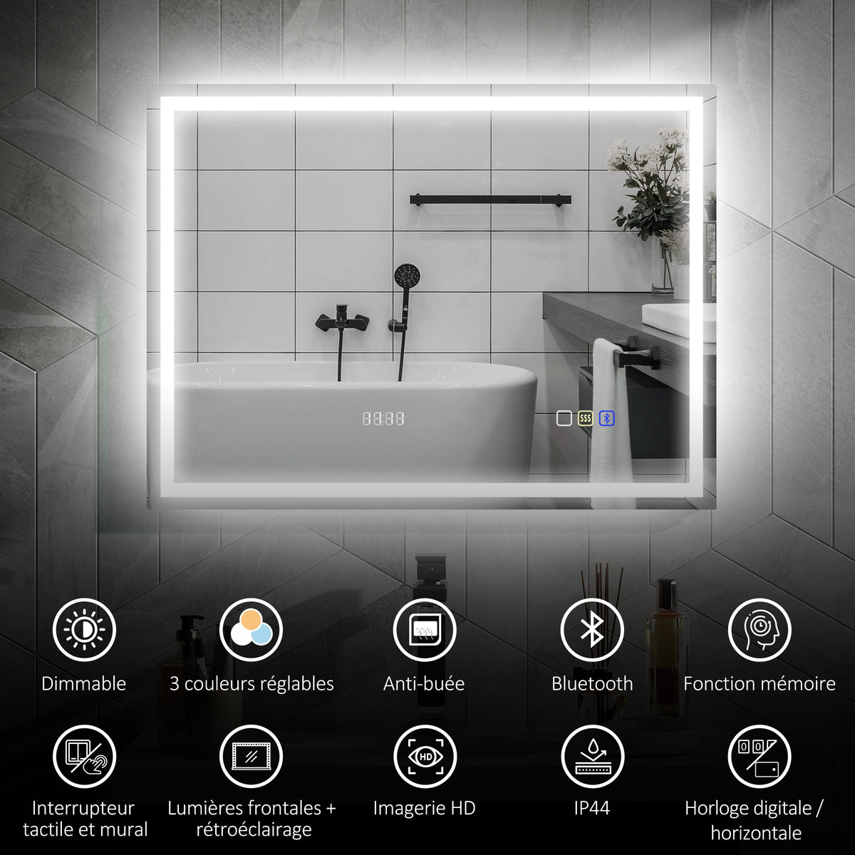 Miroir salle de bain LED bluetooth 60 x 80 cm interrupteur tactile lumière réglable 3 couleurs anti-buée mémoire argent-3