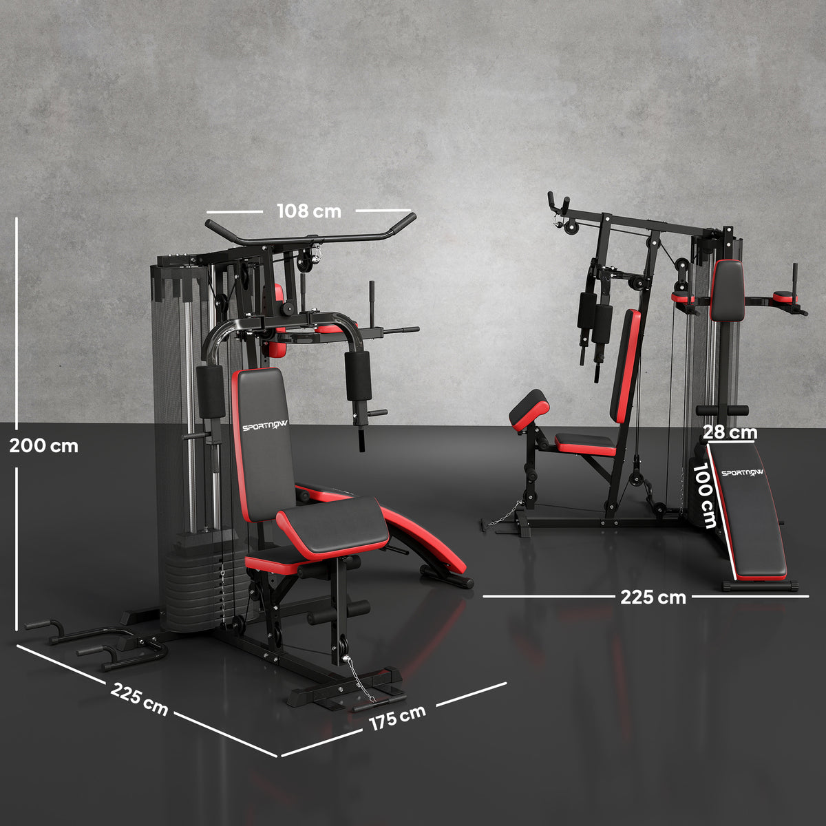 Station Multi Gym avec Poids de 65 kg, Équipement de Musculation avec Banc pour Abdominaux, Noir et Rouge-2