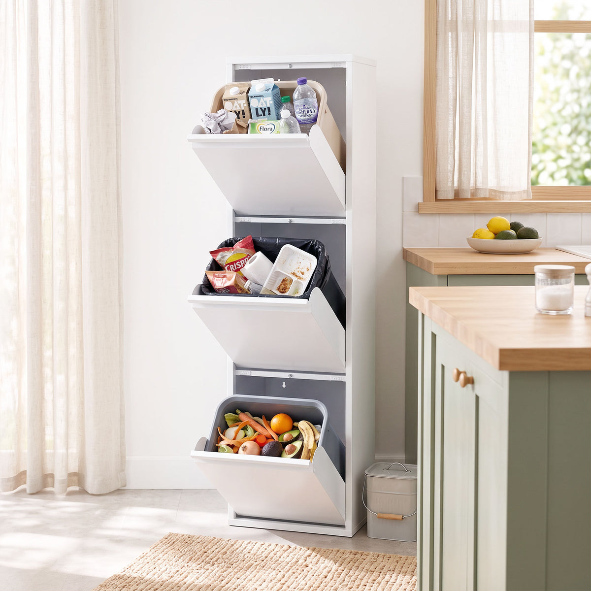 Meuble Poubelle de Tri Sélectif, Poubelle de Recyclage 45 L (3 x 15 L), 3 Compartiments, Portes à Fermeture Douce, Blanc-3