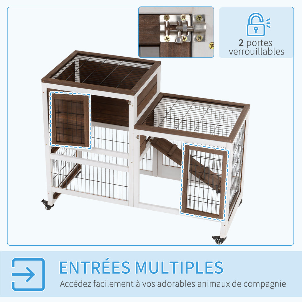 Clapier à lapin sur roulettes cage à lapin 2 étages 2 portes verrouillables 2 plateaux coulissants rampe-4