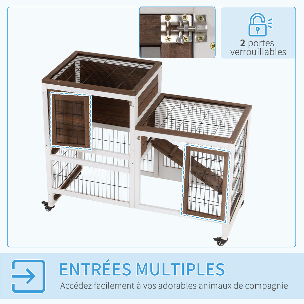 Clapier à lapin sur roulettes cage à lapin 2 étages 2 portes verrouillables 2 plateaux coulissants rampe-4