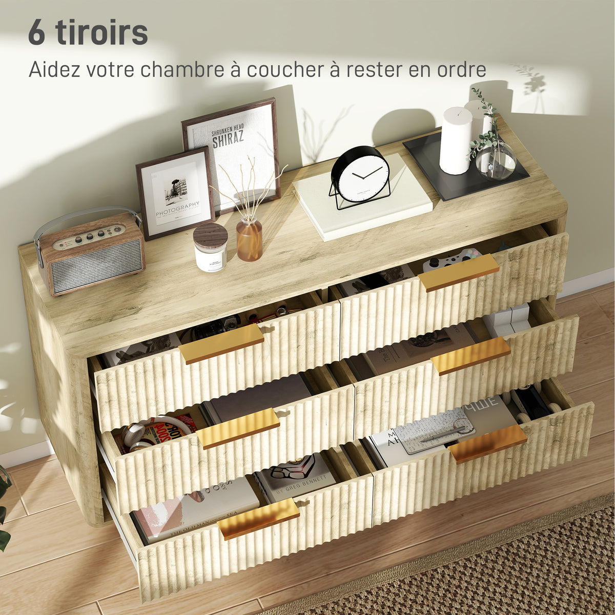 Commode 6 tiroirs scandinave avec poignées et pieds de pin, pour chambre à coucher, salon, couloir, 120x40x76cm, chêne-3
