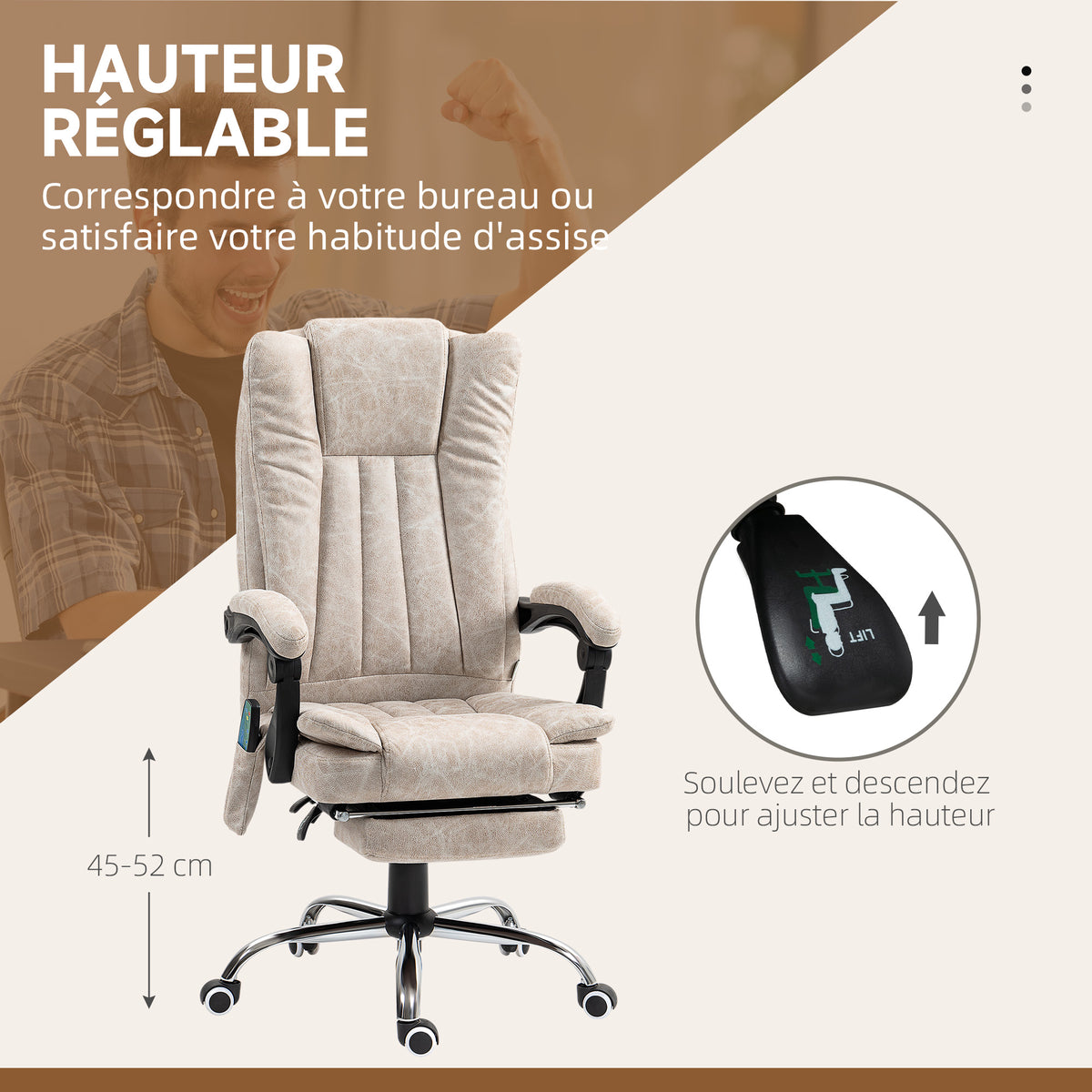 Fauteuil de bureau massant et chauffant avec hauteur réglable, dossier inclinable, repose-pied et télécommande, crème-4