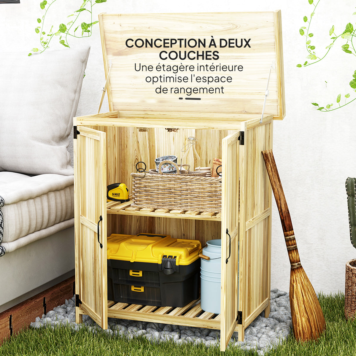 Armoire de jardin en bois abri de jardin avec 2 portes, toit à charnières et étagère, 74 x 43 x 88 cm, bois naturel-5