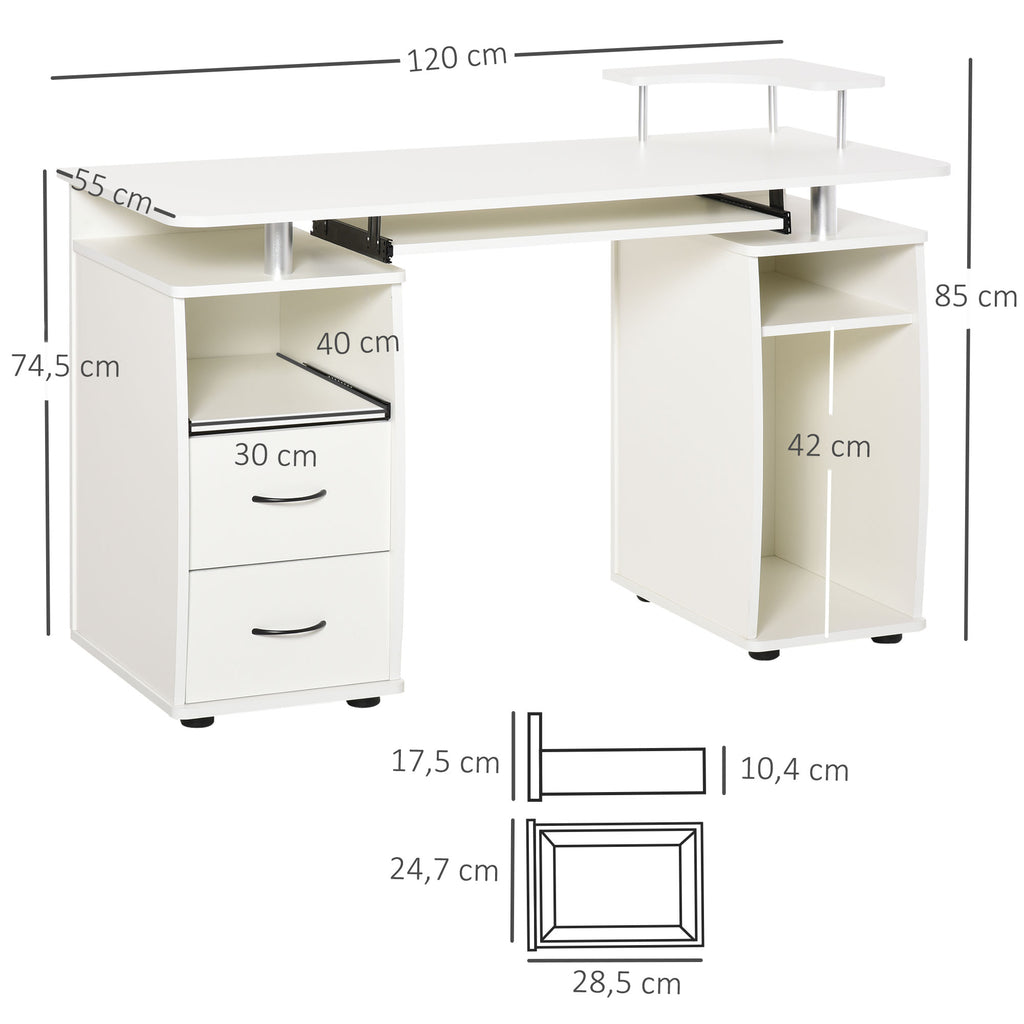 Bureau informatique multimédia multi-rangements 120L x 55l x 85H cm en bois blanc-2