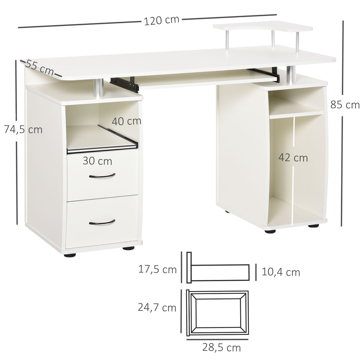 Bureau informatique multimédia multi-rangements 120L x 55l x 85H cm en bois blanc-2