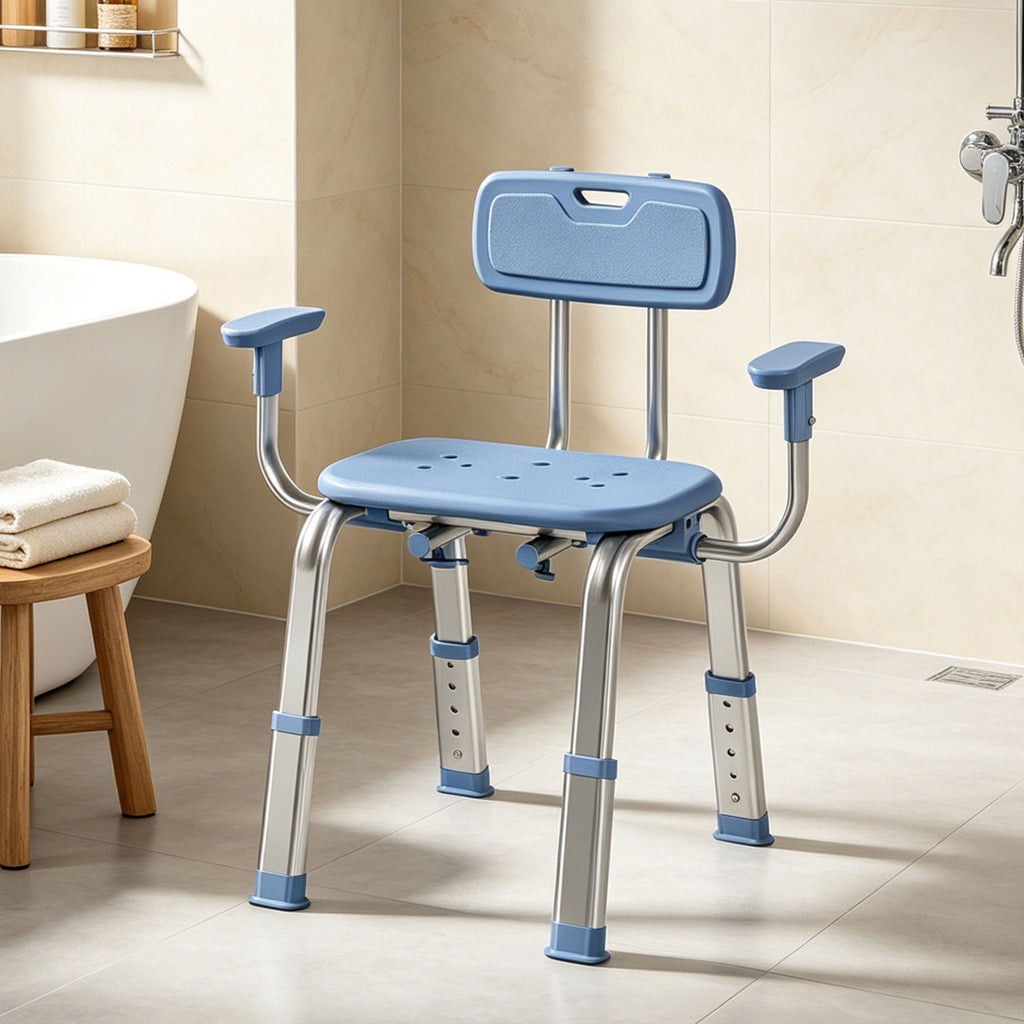 Tabouret de douche chaise de douche ergonomique avec accoudoirs, dossier, hauteur et siège réglables, bleu-8