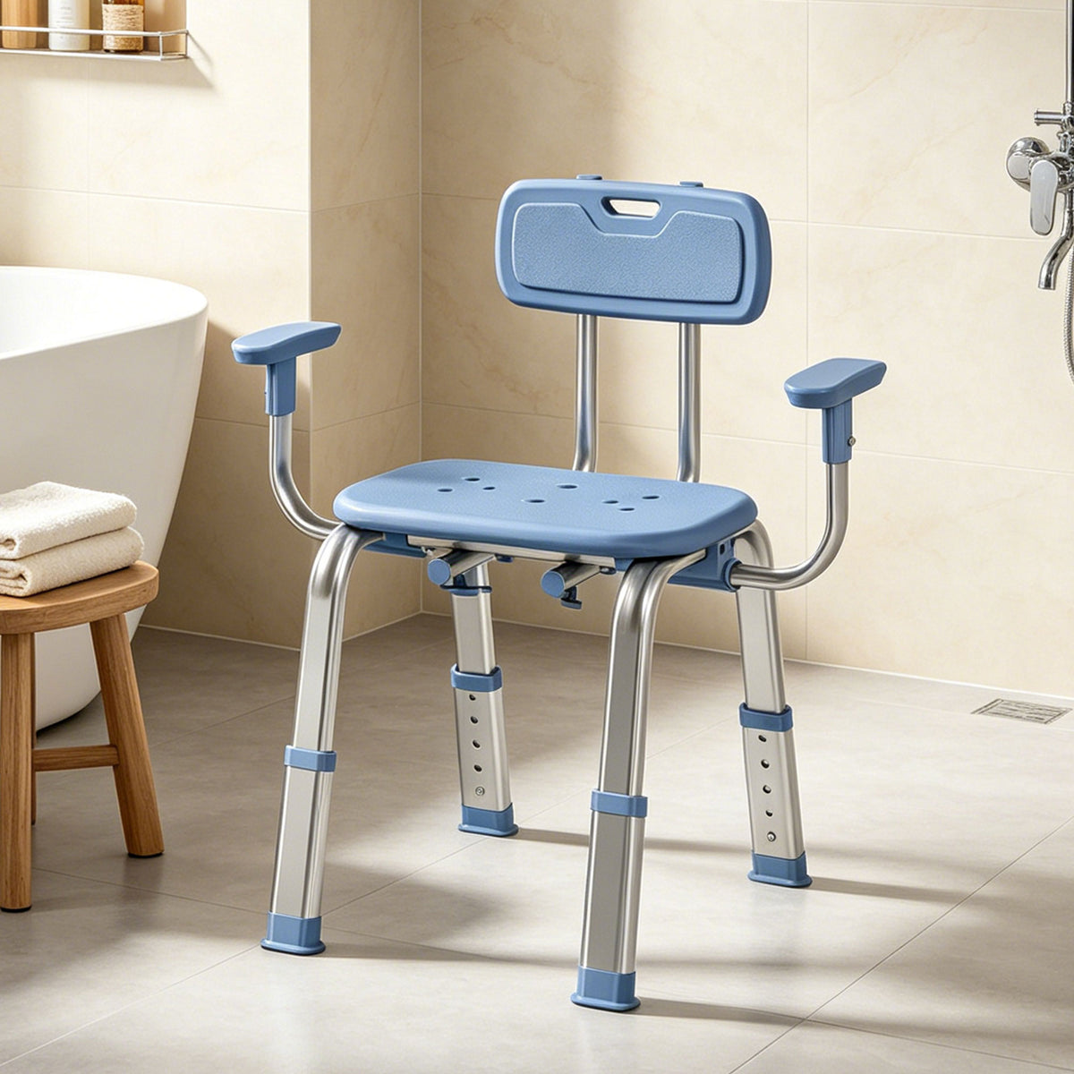 Tabouret de douche chaise de douche ergonomique avec accoudoirs, dossier, hauteur et siège réglables, bleu-8
