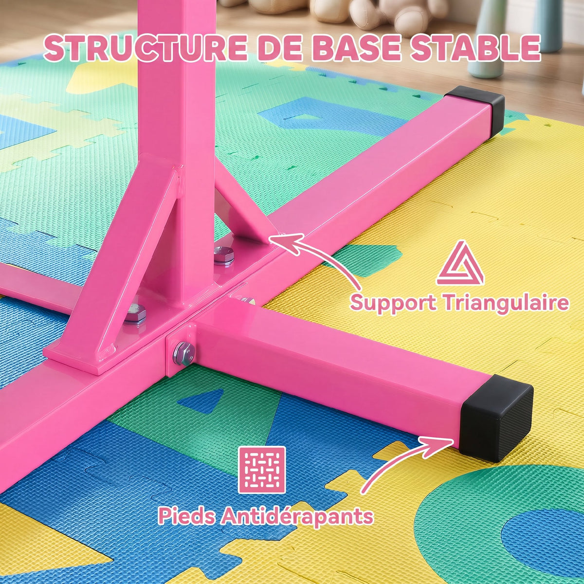 Barre Fixe de Gymnastique pour Enfant, Hauteur Réglable sur 13 Niveaux de 92-150 cm, en Acier et Bois de Hêtre, Barre de Gym d'Entraînement à Domicile, Antidérapant, Facile à Assembler, Rose-5
