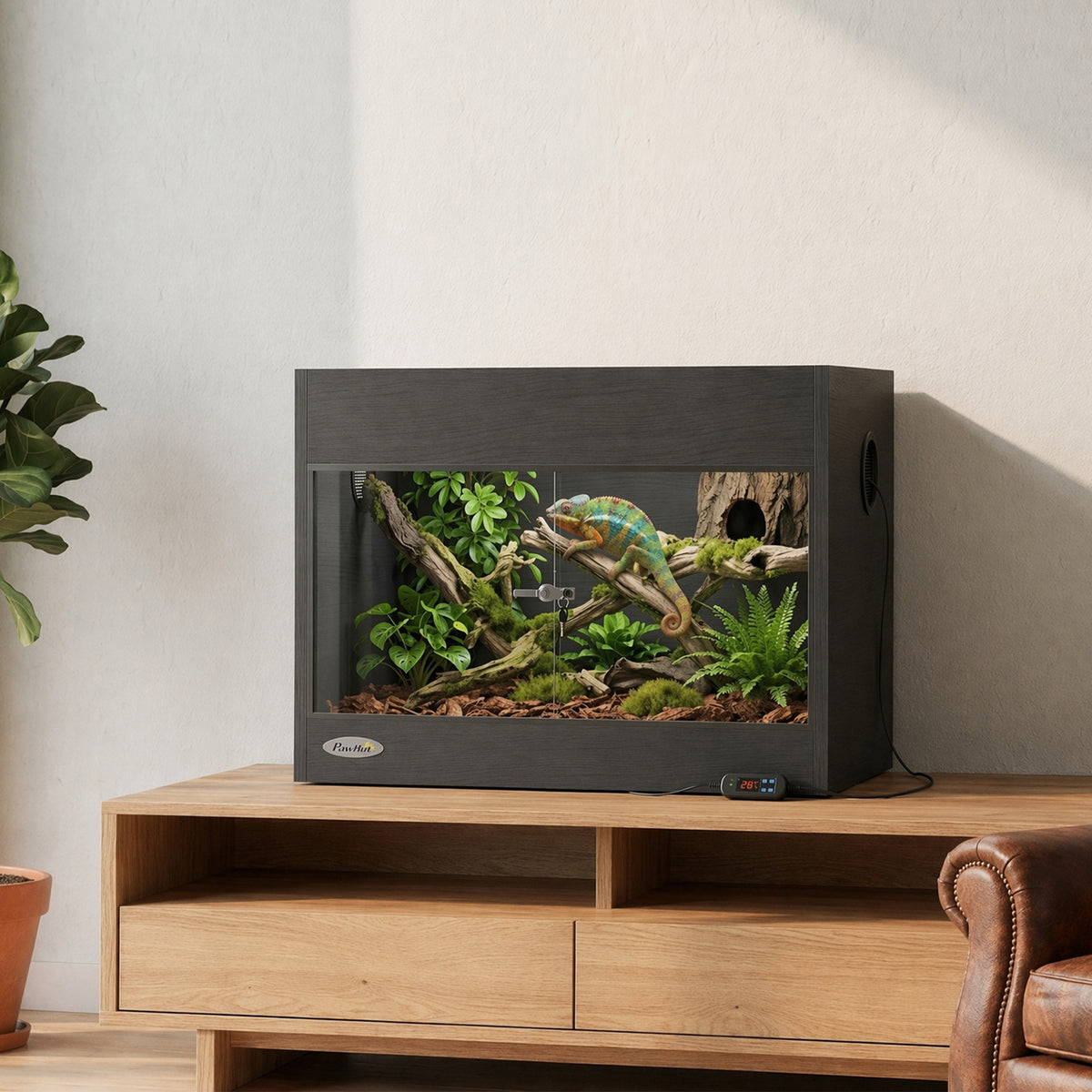 Terrarium pour Reptiles en Bois OSB, Porte en Verre Trempé, Serrure Sécurisée et Couvercle en Filet, 60x45x45cm, Noir-9
