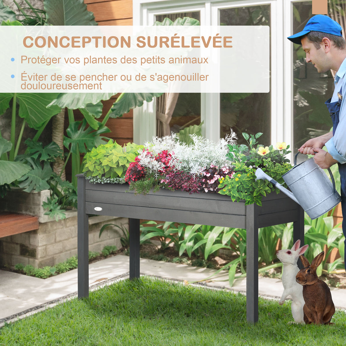 Jardinière sur Pieds Potager dim. 122,5L x 56,5l x 76H cm Inserts d'irrigation + Feutre de Drainage Bois Massif Sapin-4
