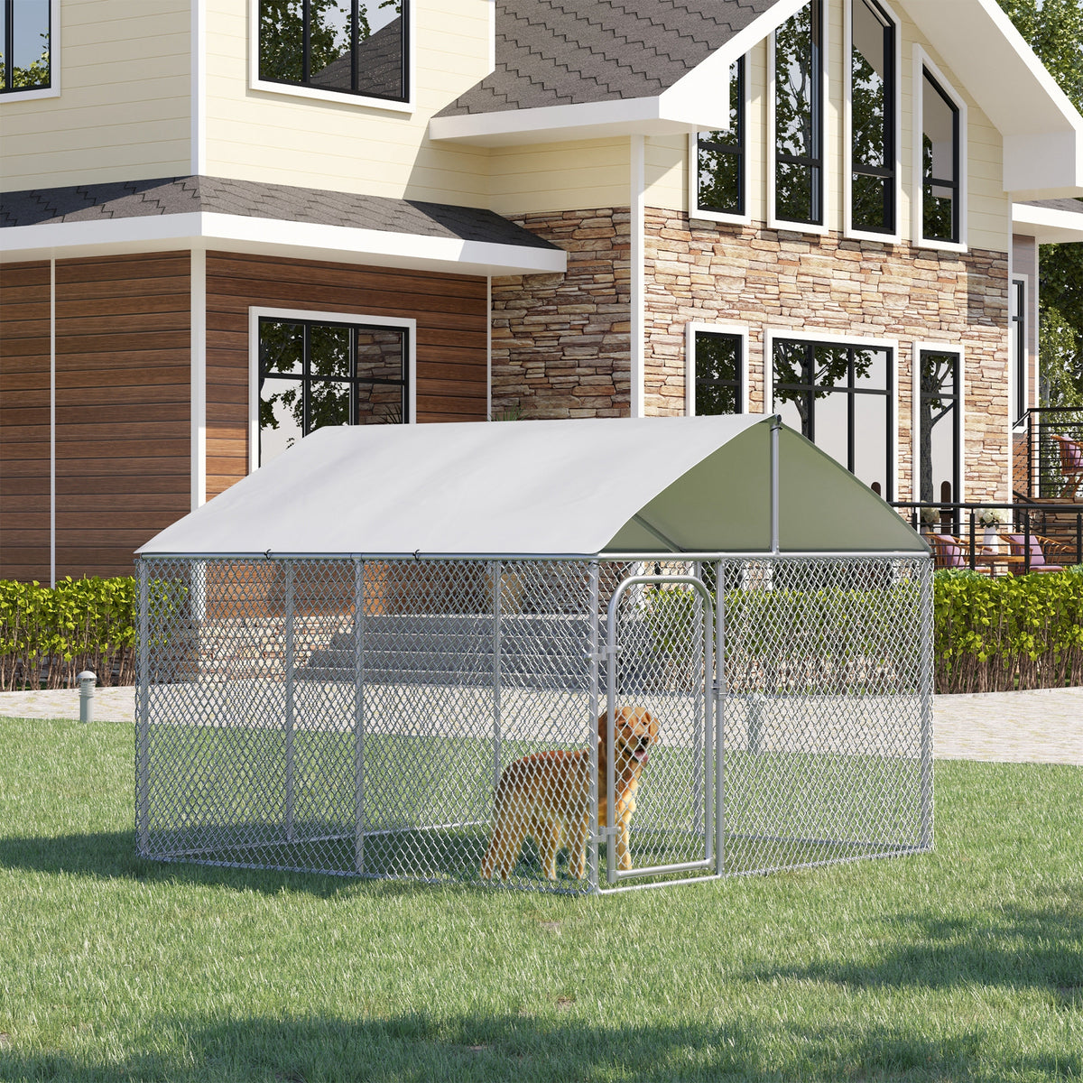 Chenil extérieur avec toit pour chien 5 m² parc grillagé espace couvert acier galvanisé 230 x 230 x 175 cm-1