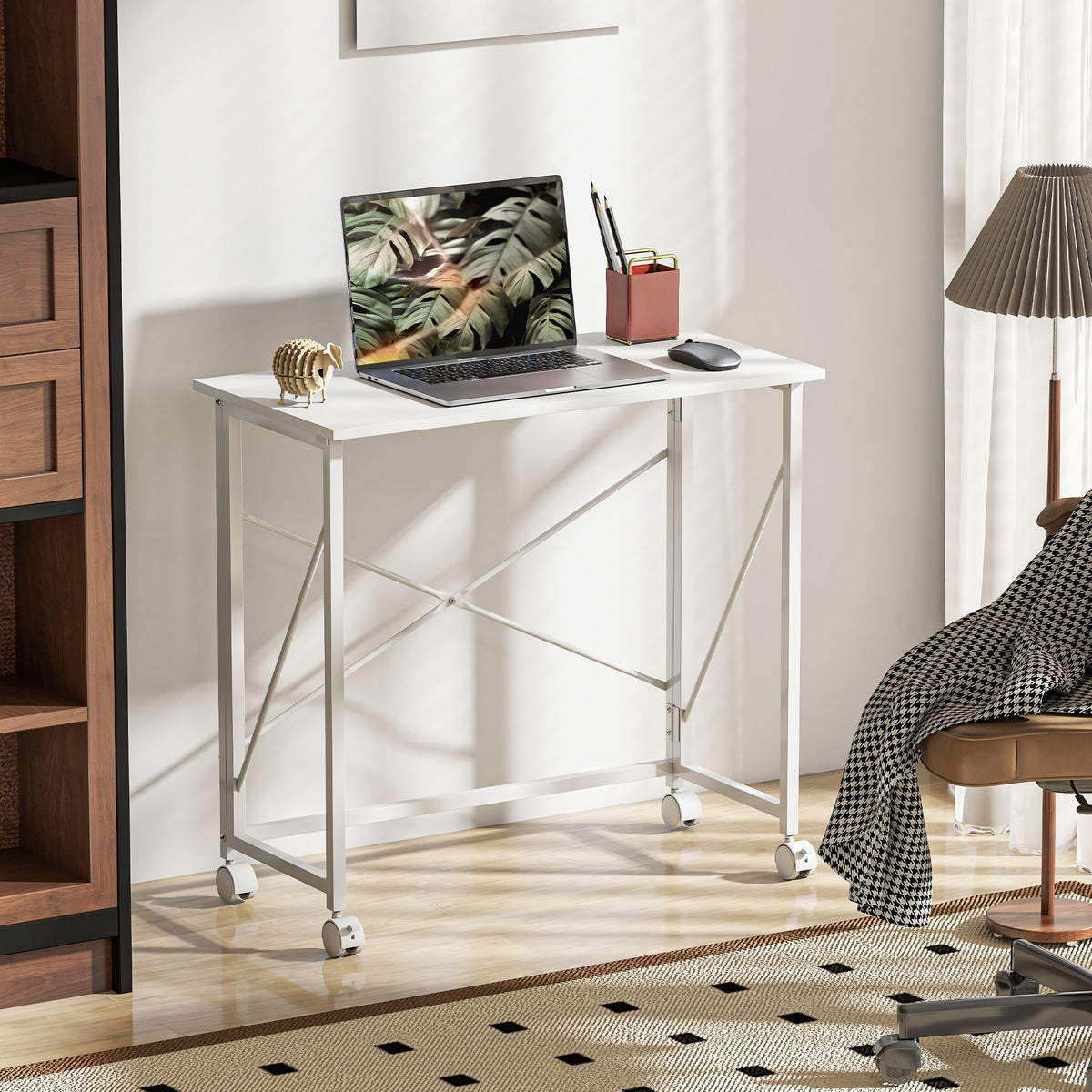 Bureau pliant table d'ordinateur 80 x 40 cm sur roulettes pour bureau à domicile, chambre, petits espaces, blanc-6