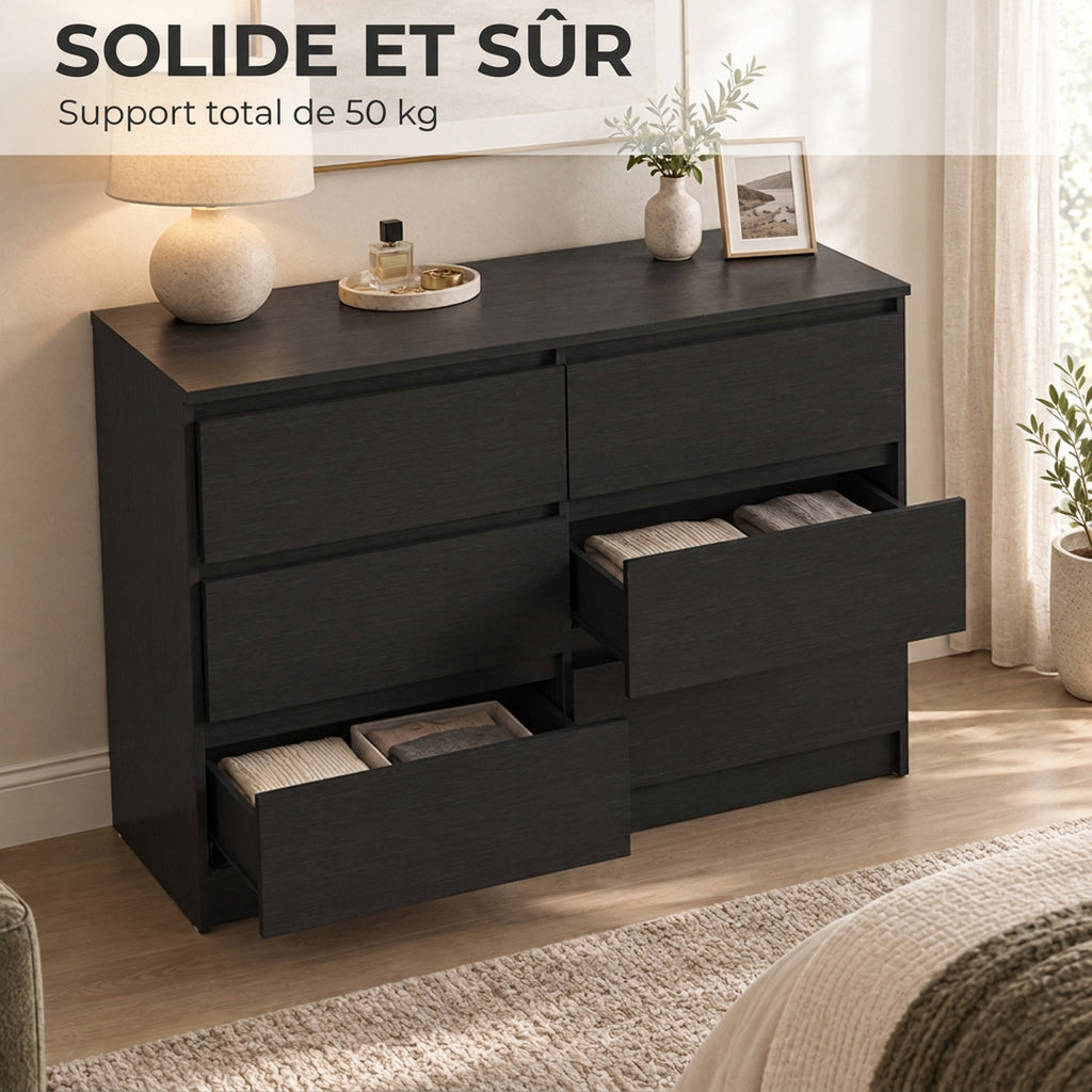 Commode Chambre Adulte, Chiffonnier 6 Tiroirs, Commode Vêtement, Meuble de Rangement Contemporain pour Salon, Noir-4