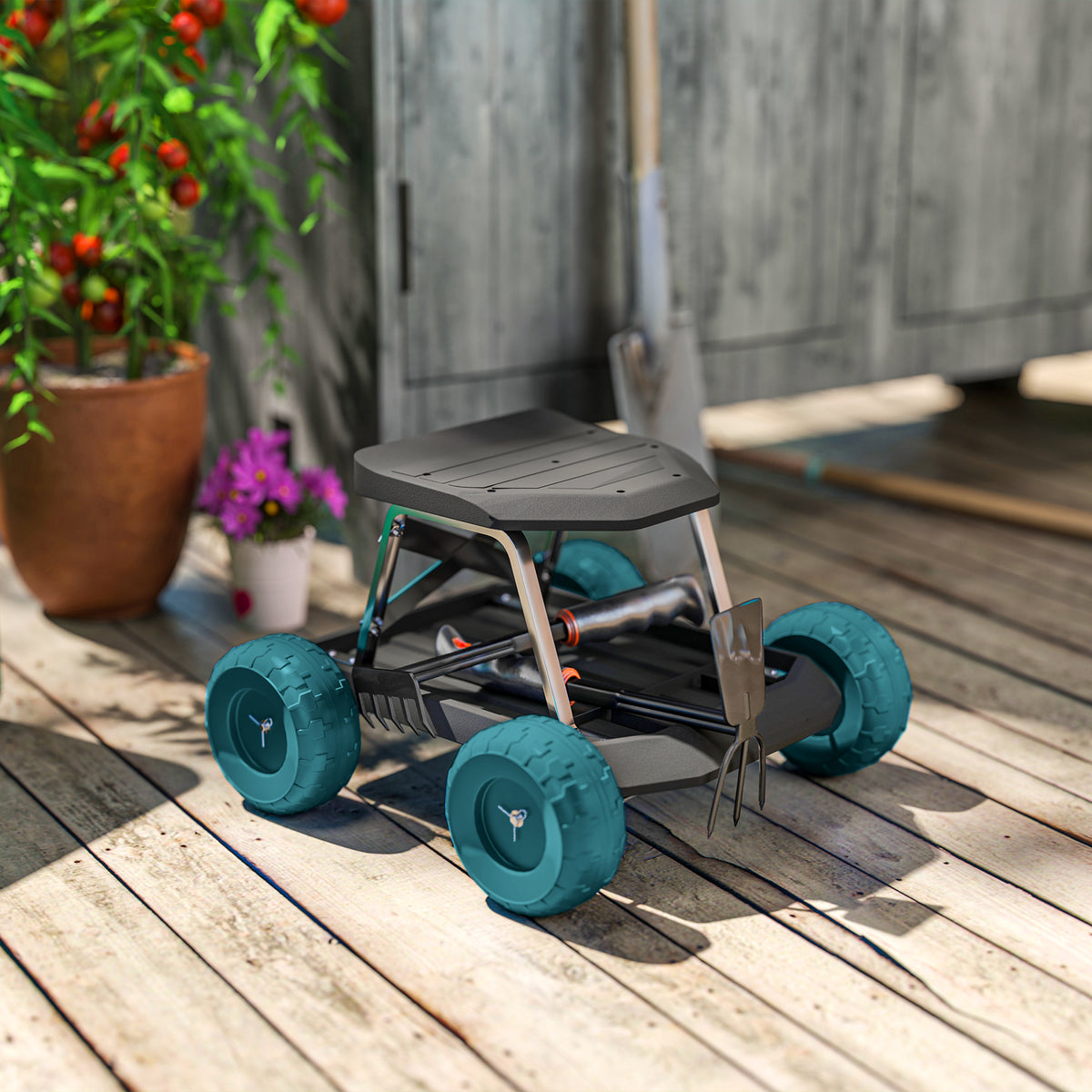 Siège de jardin sur roues tabouret de jardinage plateau à outils pour désherber planter 50 x 49 x 32 cm vert foncé-1