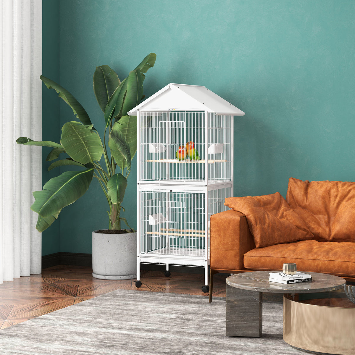 Volière intérieure cage à oiseaux sur roulettes design maison mangeoires perchoirs portes plateaux excréments amovibles-1