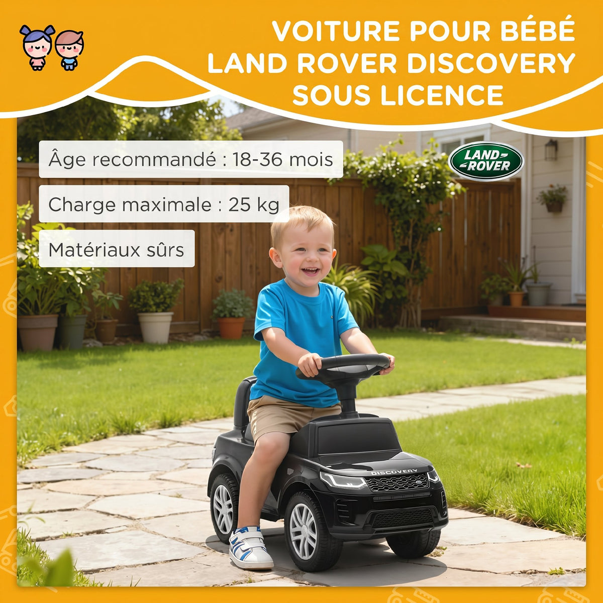 Porteur enfants voiture sous licence Land Rover, véhicule à pousser, klaxon, sons de moteur, rangement sous siège, noir-3