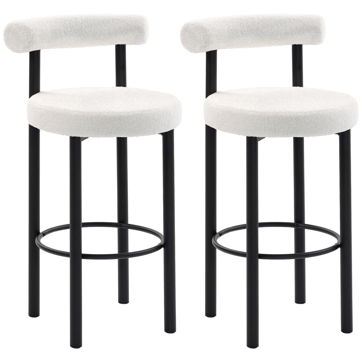 Lot de 2 tabourets de bar, chaises de bar en tissu bouclette avec dossier incurvé, repose-pieds, 50x52,5x98cm, blanc-0