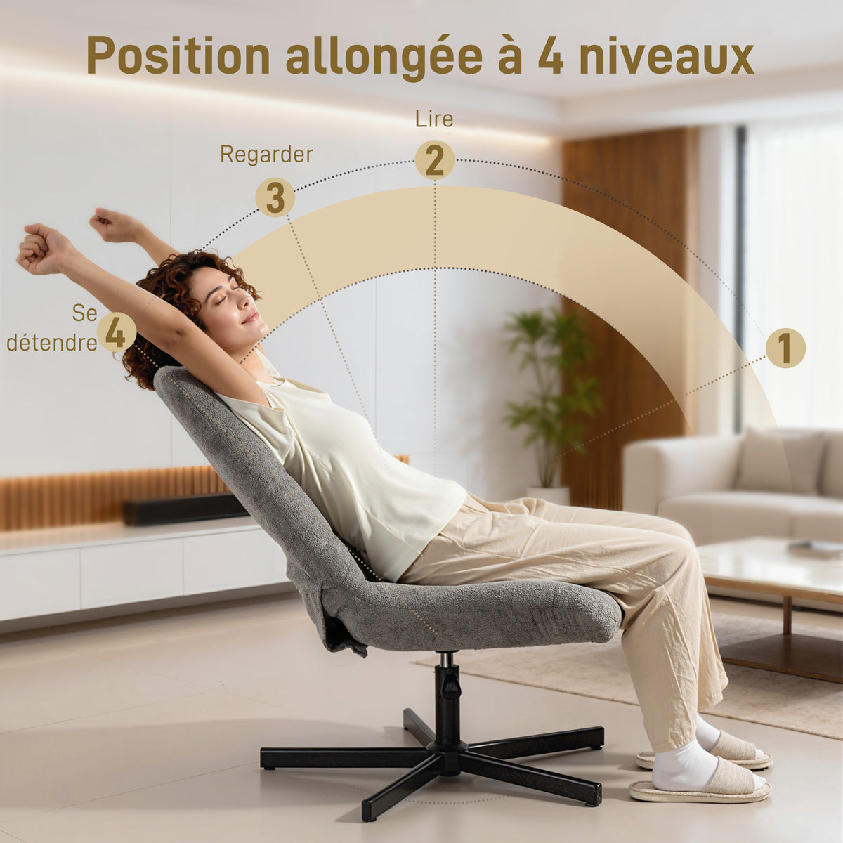 Fauteuil salon avec repose-pieds, chaise pivotante, hauteur réglable, dossier inclinable, 66 x 80 x 93-104 cm, gris-3