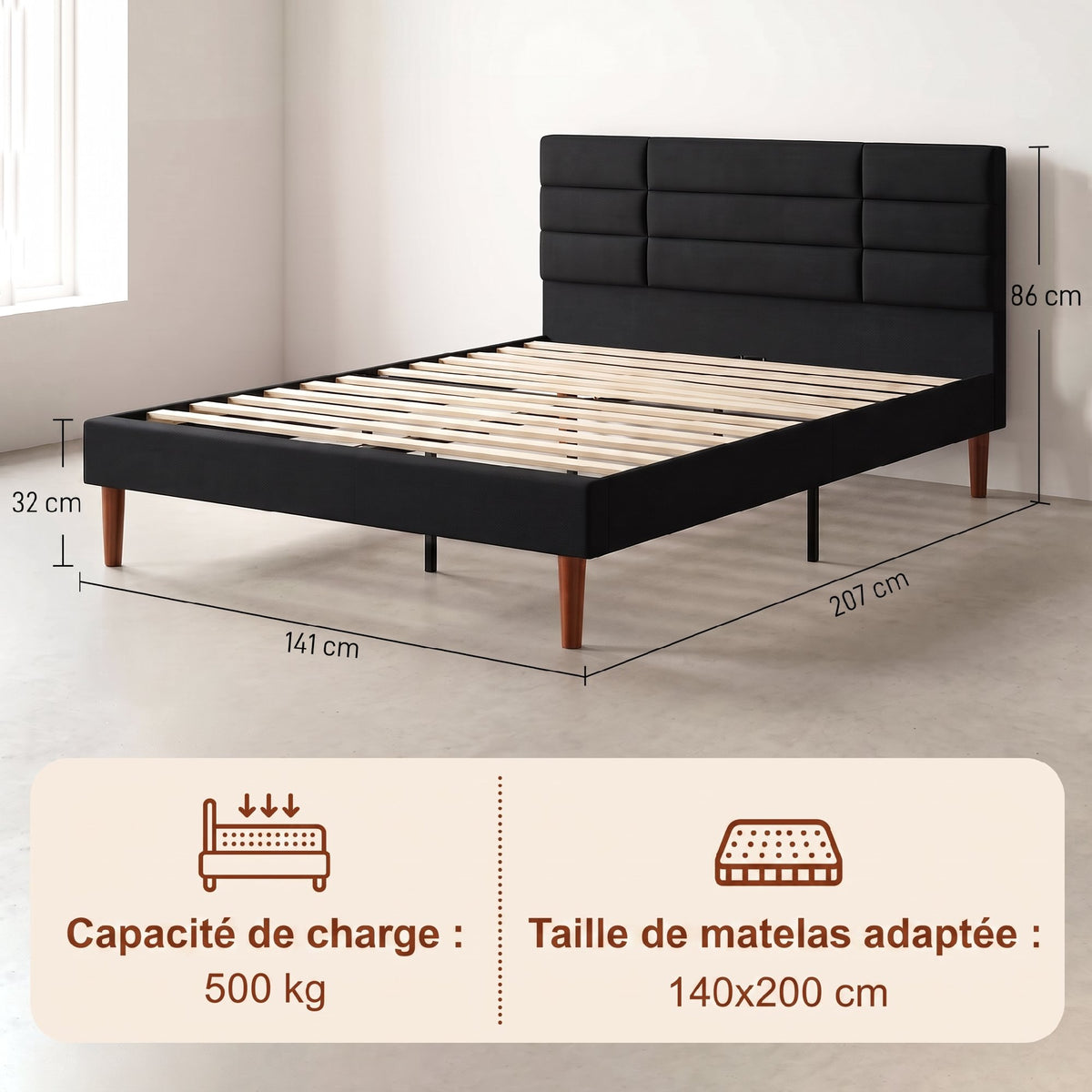 Cadre de Lit 140 x 200 cm avec Sommier Bois, Lit Double Rembourré en Effet Lin, Rangement au-dessous, Sans Bruit, Noir-2