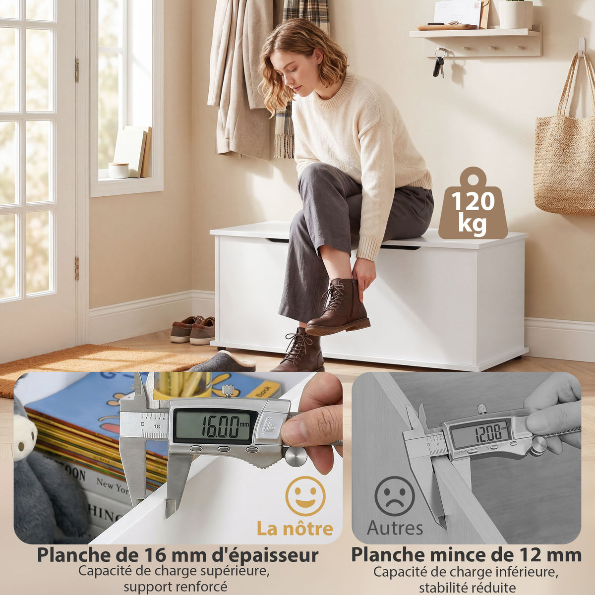 Coffre de rangement, banc de rangement avec couvercle rabattable et charnières de sécurité, banc chaussures, meuble d'entrée, couloir, chambre, salon, 100 x 40 x 40 cm, blanc-5