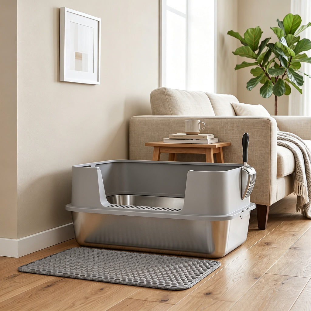Bac à litière XL en acier inoxydable, maison de toilette pour grand chat, nettoyage facile 60,2 x 40,2 x 29,5 cm, gris-1