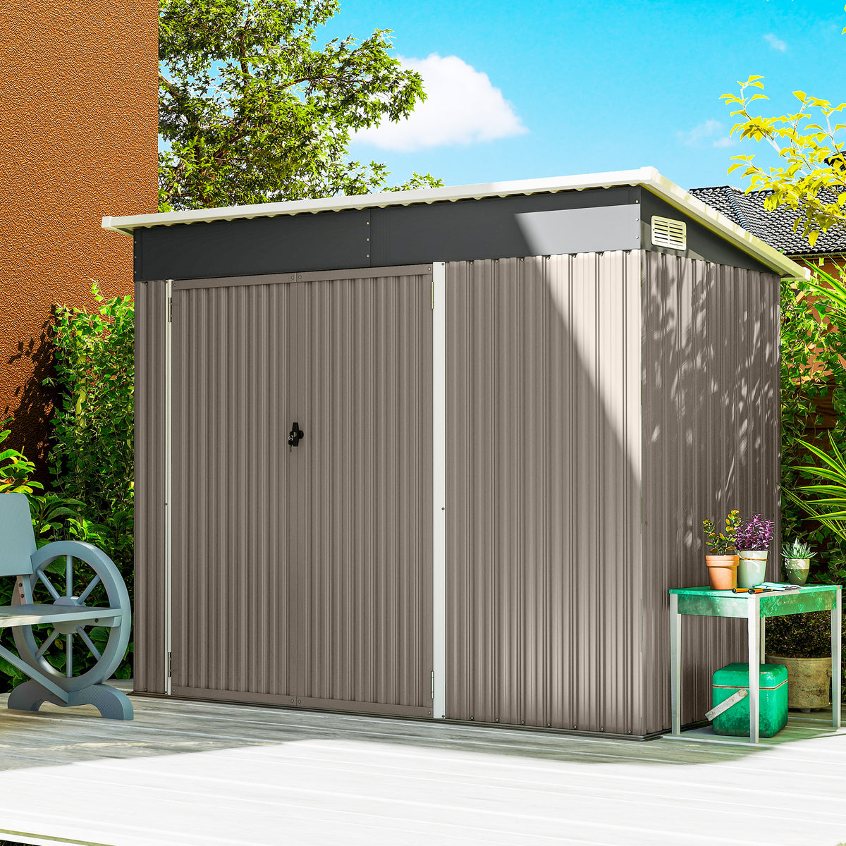 Abri de jardin en métal cabane jardin extérieure triple porte verrouillable toit incliné aérations 234x132x185cm gris-8