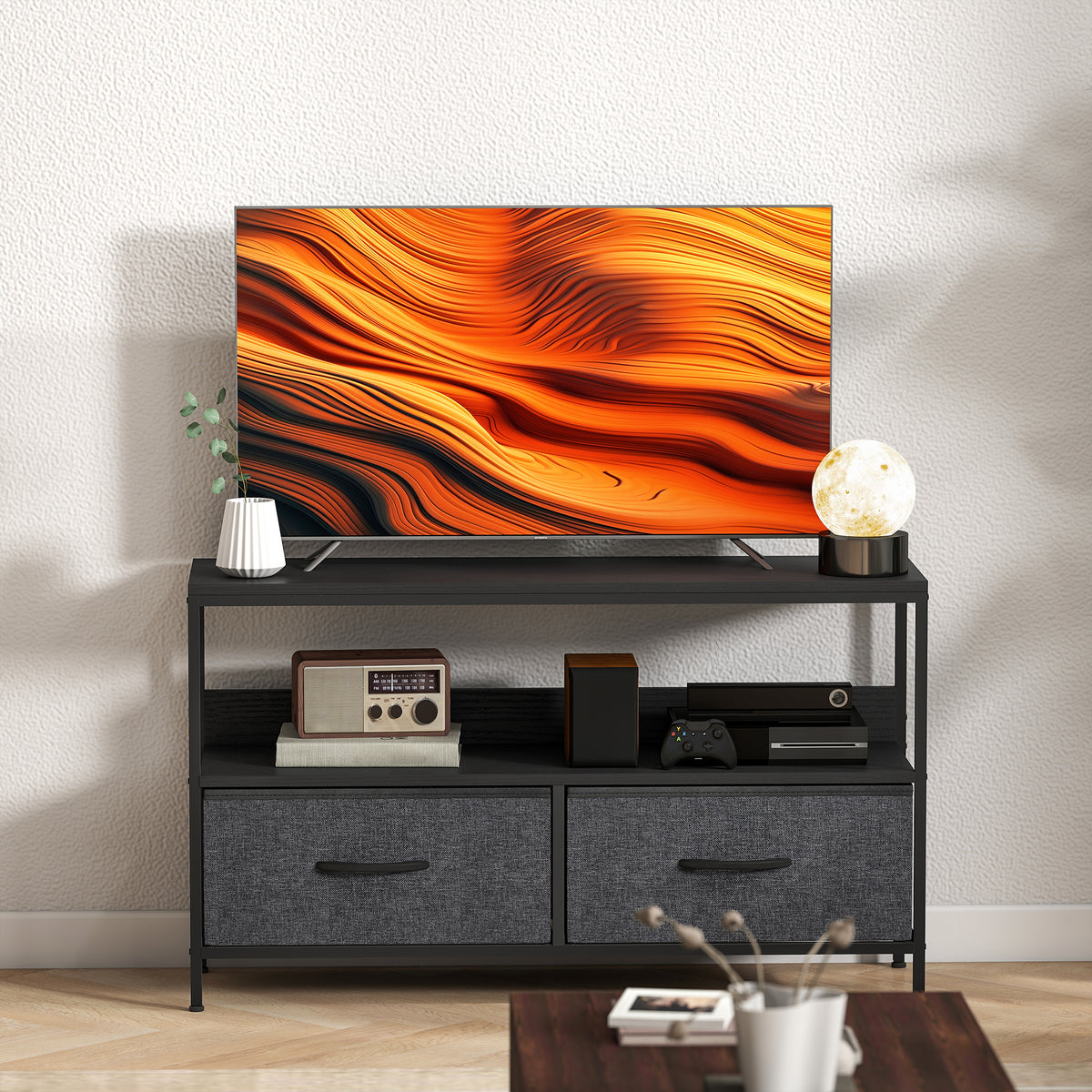 Meuble TV, meuble télé pour téléviseur jusqu'à 47 pouces avec 2 tiroirs et pieds en acier, 98 x 29 x 56 cm, gris foncé-8