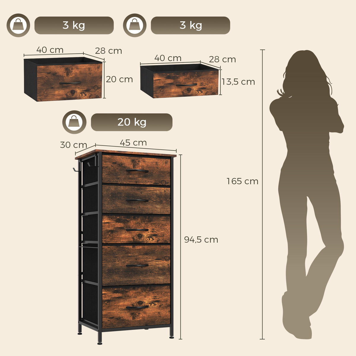 Commode 5 Tiroirs en Tissu Pliables, Commode Chambre Adulte avec Poches Latérales et 2 Crochets, Brun Rustique-2