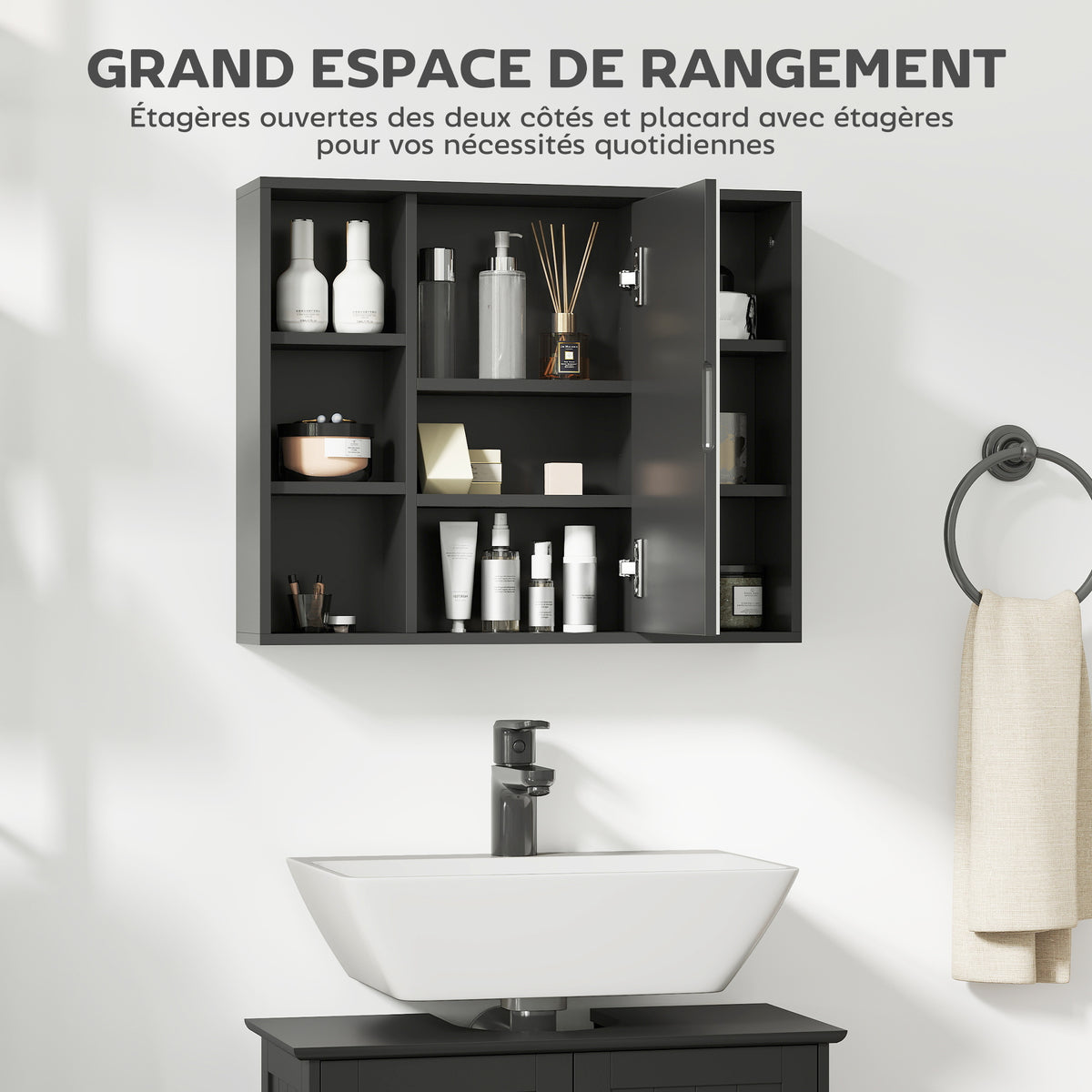 Meuble salle de bain avec miroir, placard à portes et 6 compartiments ouverts, 60 x 14,5 x 49,4 cm, noir-3