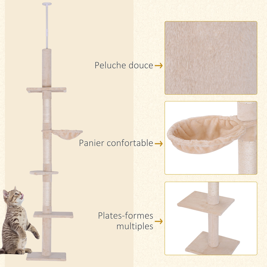 Arbre chat du sol au plafond poteau à griffer L40 x l 34 x H 230-260 cm 5 niveaux d'activités beige-5