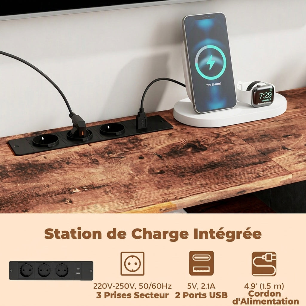 Meuble TV 160 cm, Meuble Télé 70 Pouces, Station de Charge, 5 Tiroirs en Tissu, Étagères Ouvertes, Gris Foncé-3