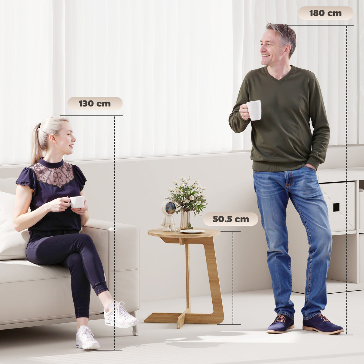 Table d'Appoint en Forme C, Plateau Rond Ø 36 cm, Table Basse Moderne, Compact, Montage par Clipsage, Effet Bois Naturel-3