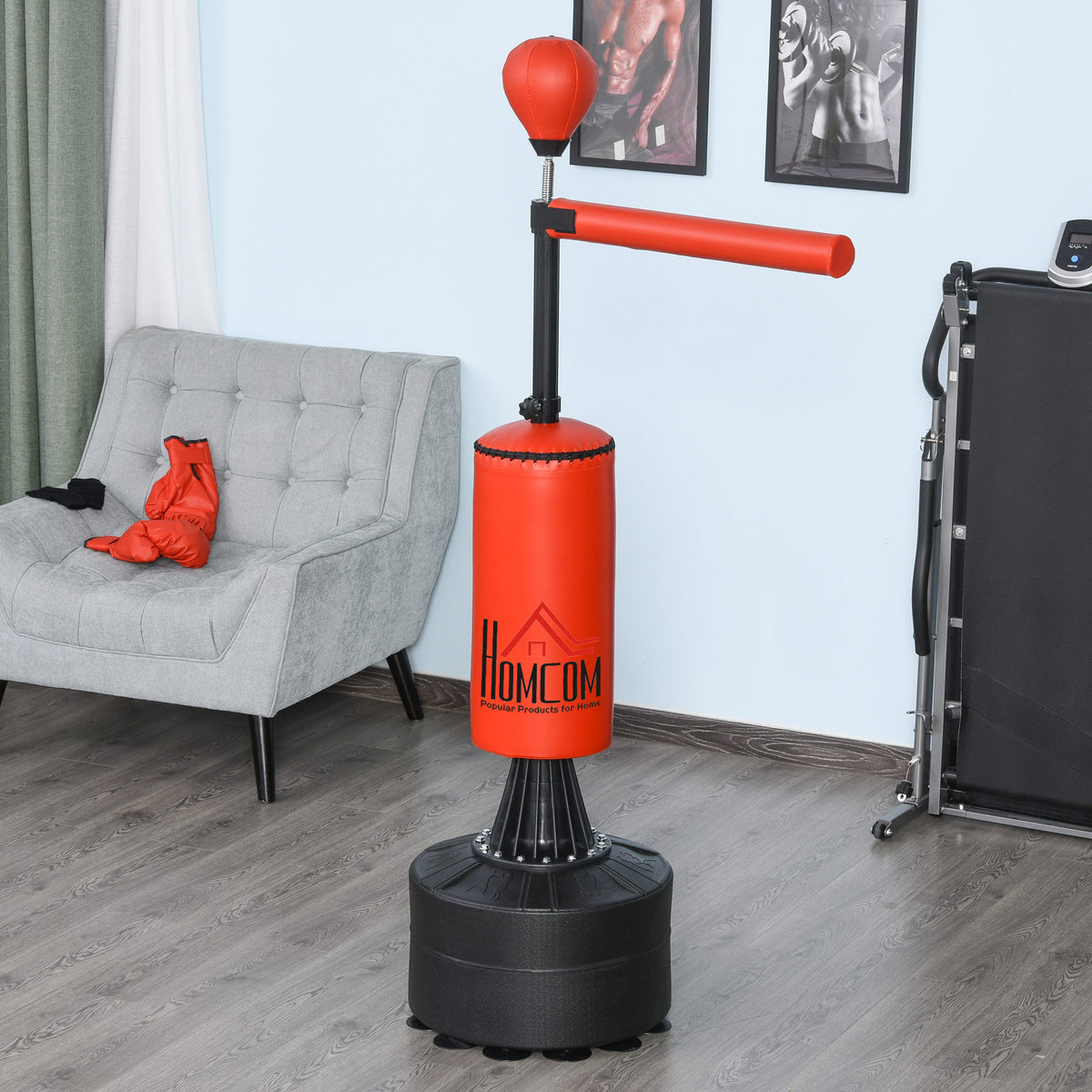 Sac de frappe sur pieds punching ball brunier 3 en 1 avec ballon de vitesse bras flexible rotatif hauteur réglable revêtement synthétique base HDPE dim. 88L x 48l x 155-205H cm noir rouge-9