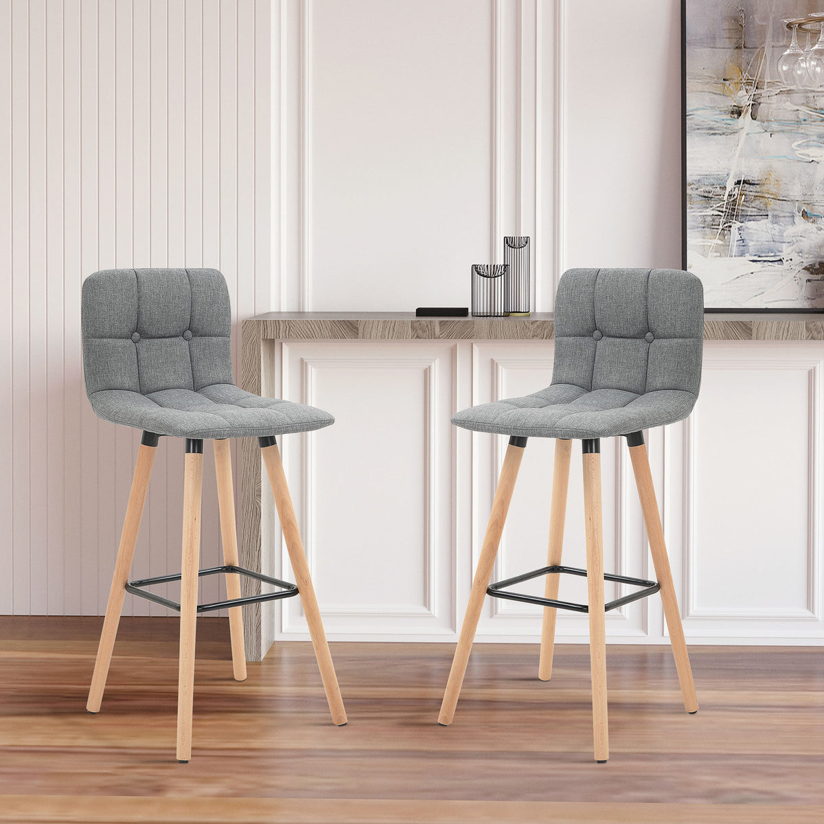 Lot de 2 tabourets de bar, chaises de bar capitonnées avec dossier et repose-pieds, pieds en bois, 41,5x47x97,5cm, gris-1
