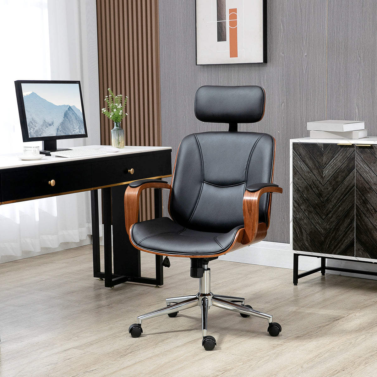 Fauteuil de bureau, chaise de bureau avec appui-tête amovible hauteur réglable et fonction de bascule, 66x65x125cm, noir-1