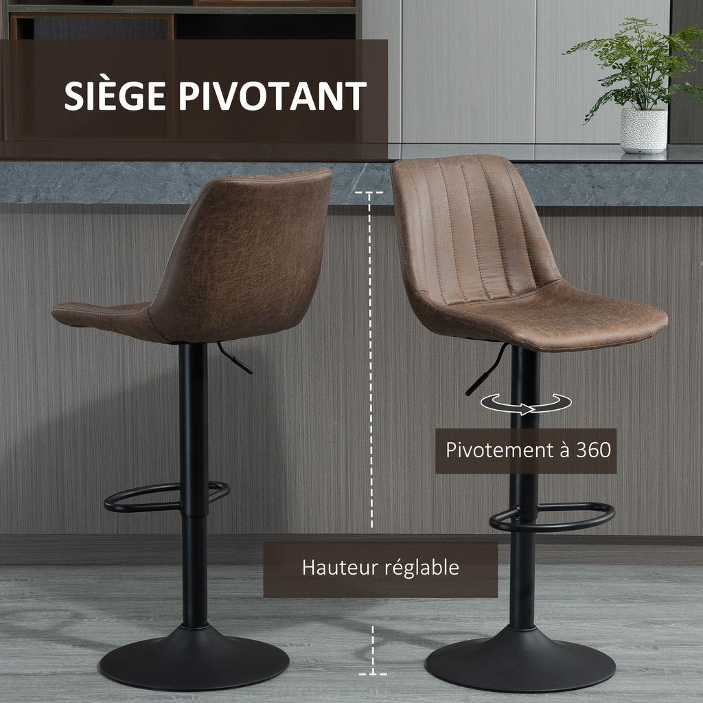 Lot de 2 tabourets de bar style vintage hauteur réglable pivotant avec repose-pied marron-3
