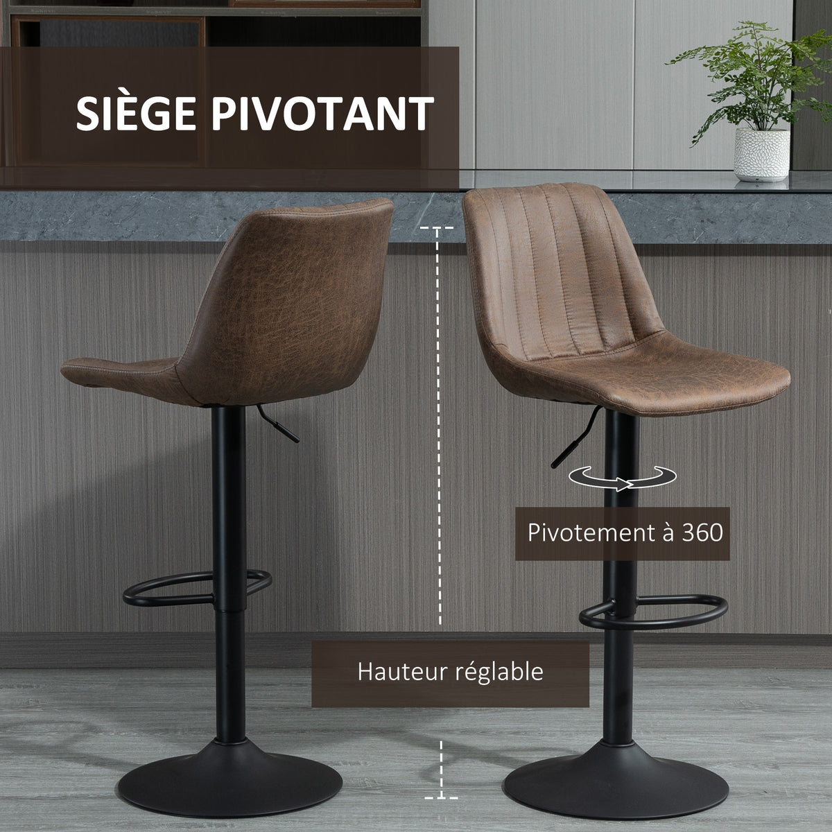 Lot de 2 tabourets de bar style vintage hauteur réglable pivotant avec repose-pied marron-3