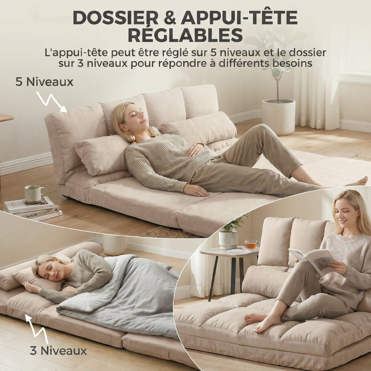 Chauffeuse Matelas d'appoint Pliant - Fauteuil Convertible - Inclinaison Dossier réglable 14 Positions - 2 Coussins-3