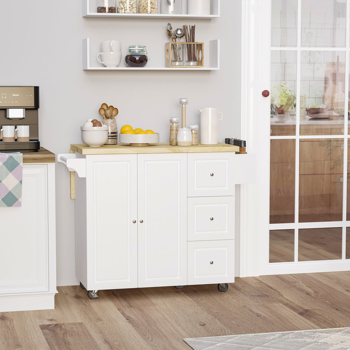 Desserte îlot de cuisineplateau rabattable 3 tiroirs 1 placard porte-torchons et porte-épices 111,5 x 75 x 89 cm blanc-1