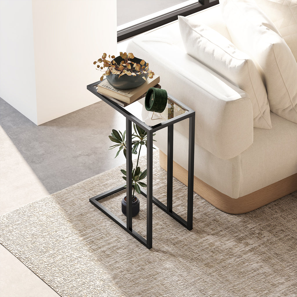 Table d'appoint en forme de C avec plateau en verre trempé, cadre en acier, noir-6