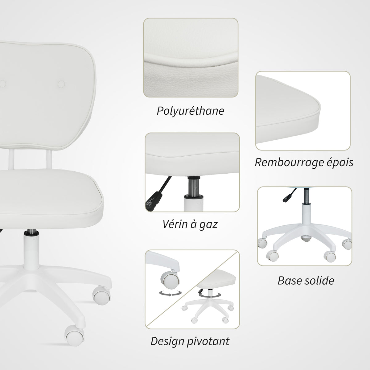 Chaise de bureau sans accoudoirs, fauteuil de bureau, hauteur réglable, pivotant 360°, 46 x 59 x 82-92 cm, blanc-4
