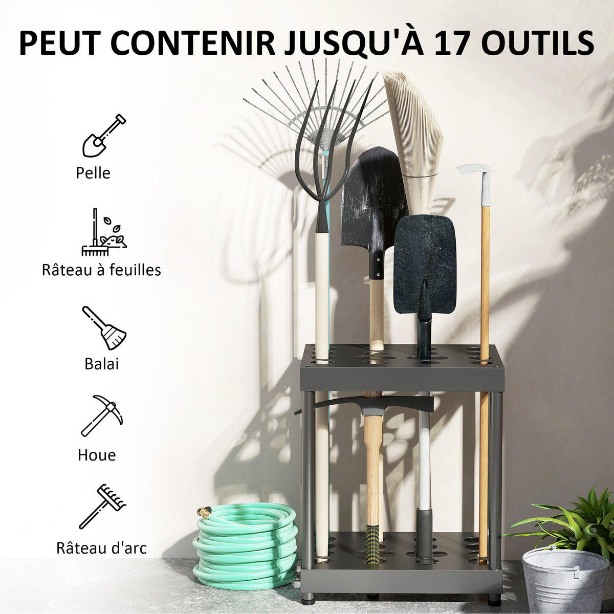 Organisateur d'outils de jardin, support à outils de jardin 16 compartiments à 2 niveaux 42 x 33 x 50 cm noir-3