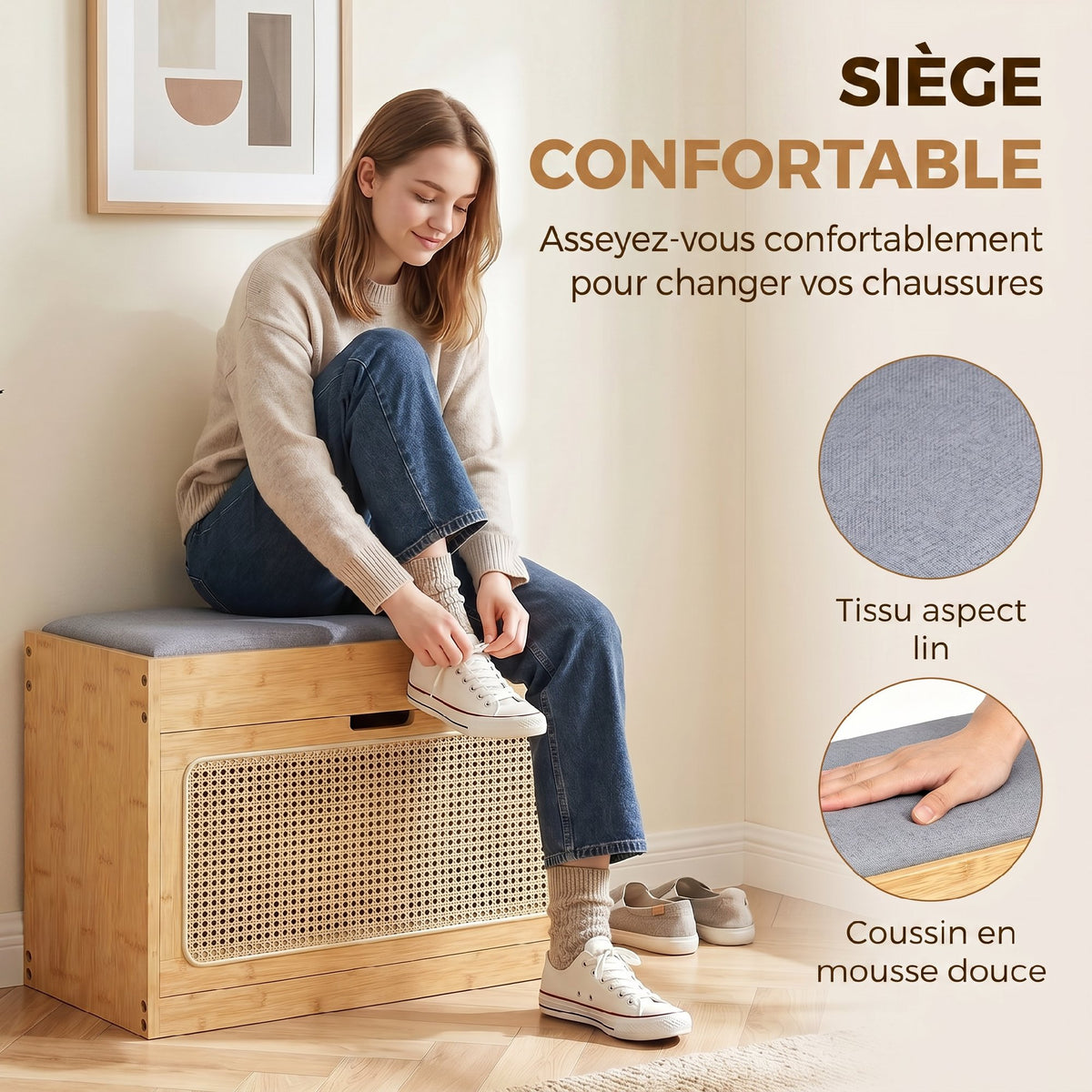 Banc chaussures entrée, banc de rangement en bambou, assise rembourrée, porte en rotin et étagère réglable, bois naturel-5