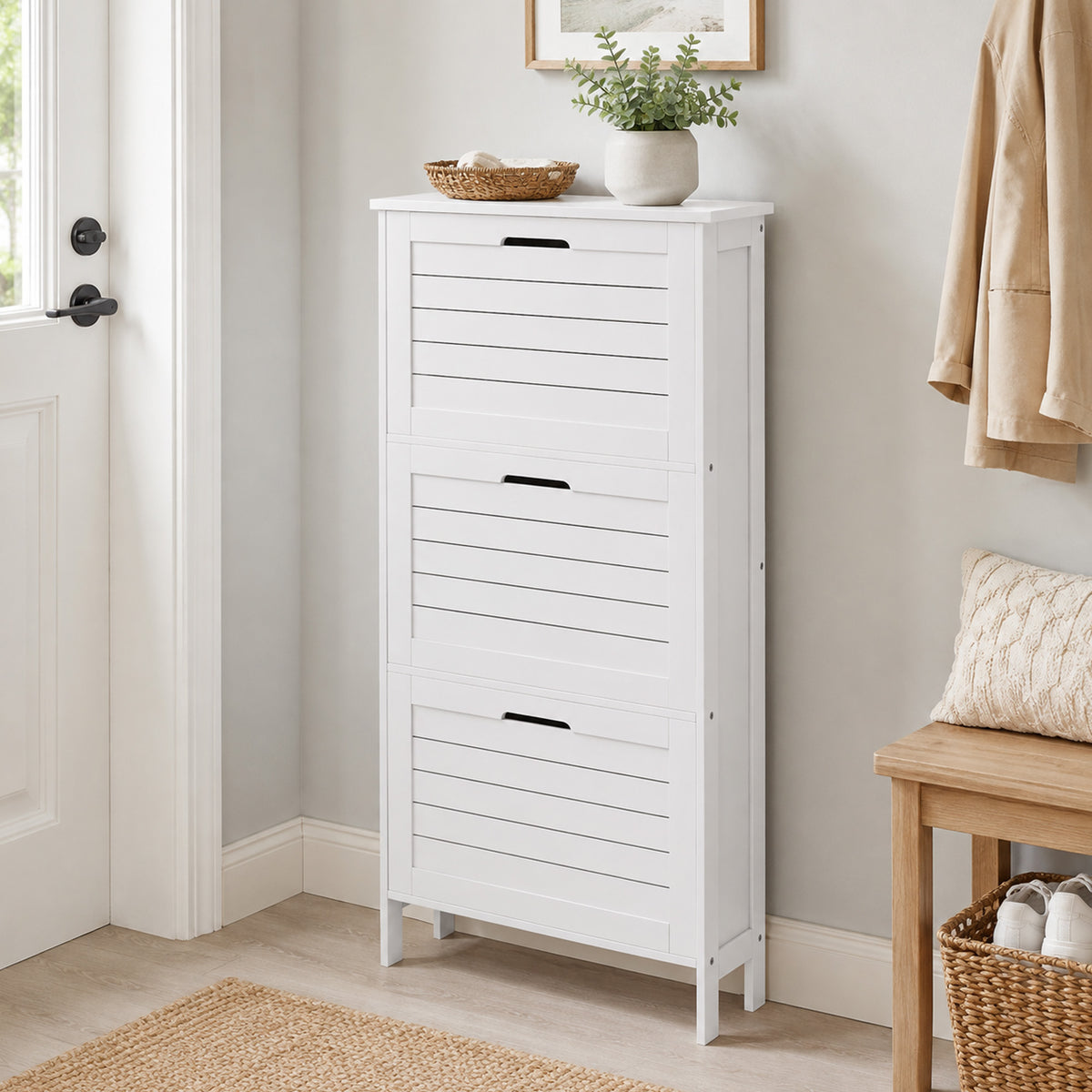 Meuble à Chaussures 6 Paires, Armoire à Chaussures Étroite Moderne, 3 Tiroirs Rabattables et Portes Persiennes, Blanc-6