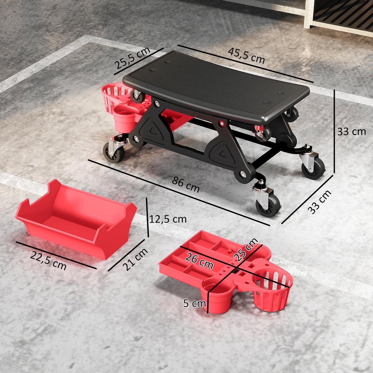 Tabouret d'atelier mobile 135 kg, tabouret de mécanicien avec roulettes rotatif à 360° avec plateaux, 86x33x33cm, rouge-2