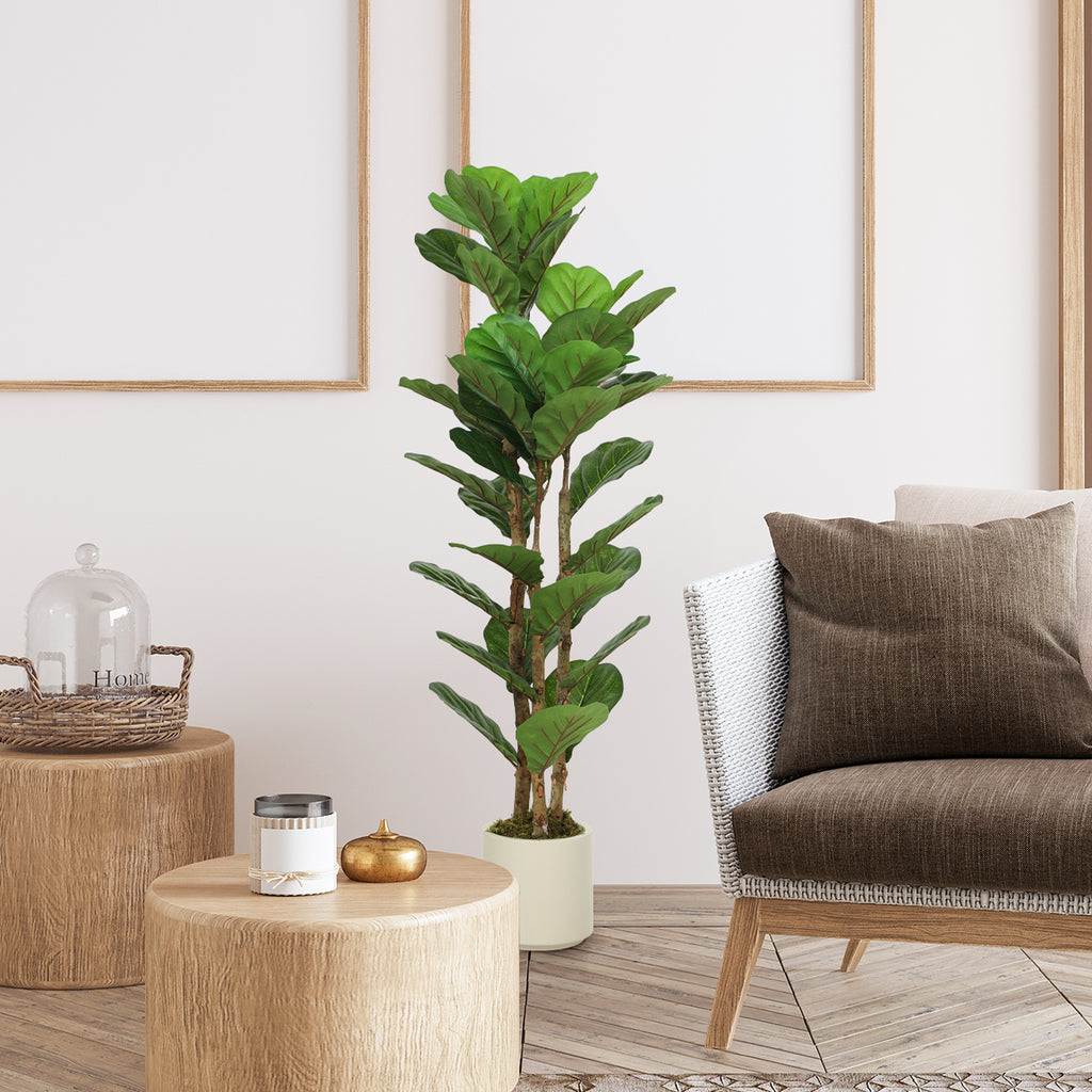 Plante artificielle intérieure 120 cm Figuier lyre arbre artificiel avec pot en plastique et tronc en bois massif, vert-1