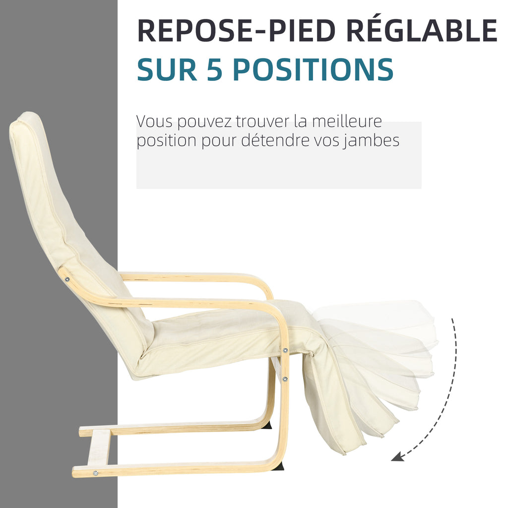 Fauteuil Relax Confort et Relaxation avec Repose-Pied réglable déhoussable 94 x 66,5 x 100 cm cm Bois Massif Crème-3